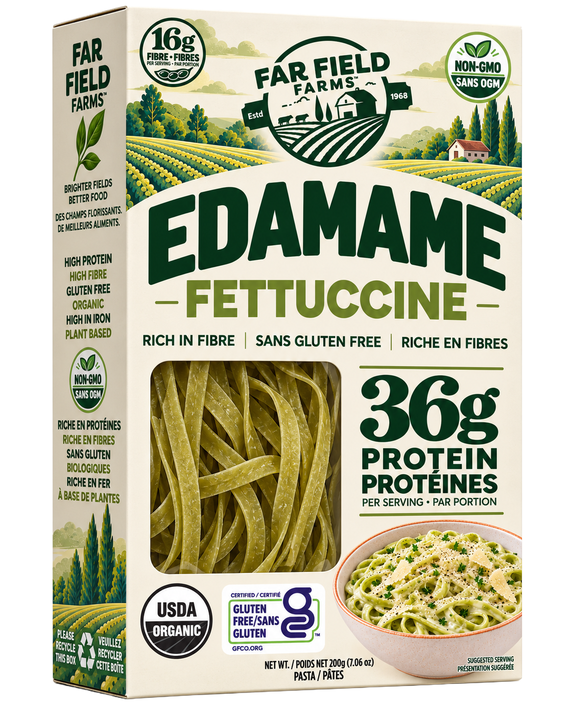 Far Field Farms Edamame Fettuccine pasta box