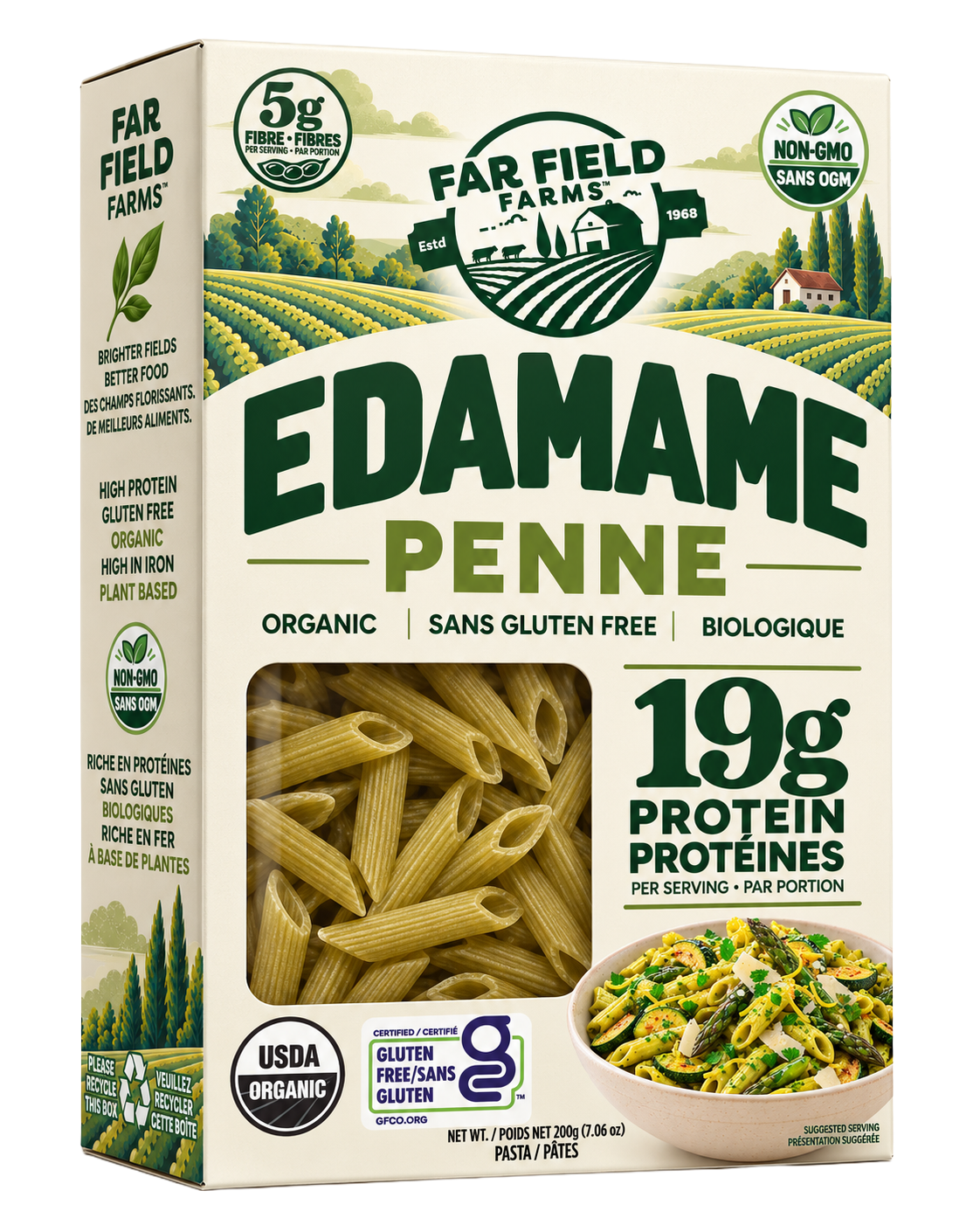Far Field Farms Edamame Penne pasta box